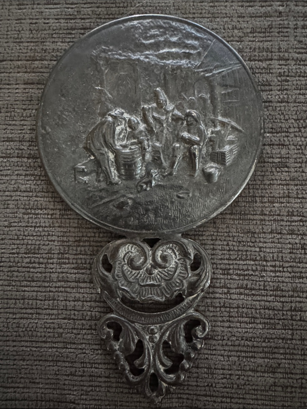 Antique Dutch Relief Tavern Scene Pewter Hand Mirror / Vanity Mirror